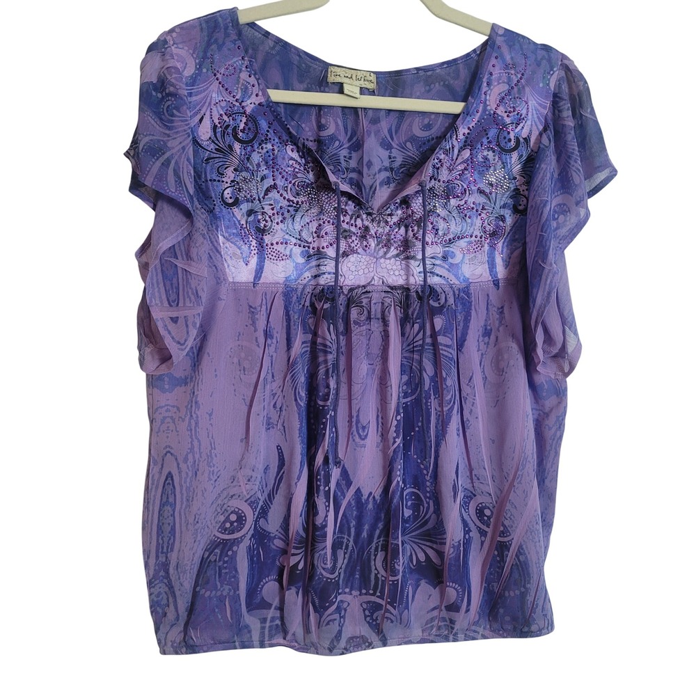 Live and‎ Let Live Purple Paisley Rhinestone Blouse Flutter Sleeve Large Fairy